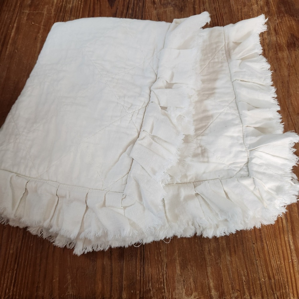 Pair of White Ruffle Quilted Pillow Shams Standard Size 100% Cotton Shabby Chic